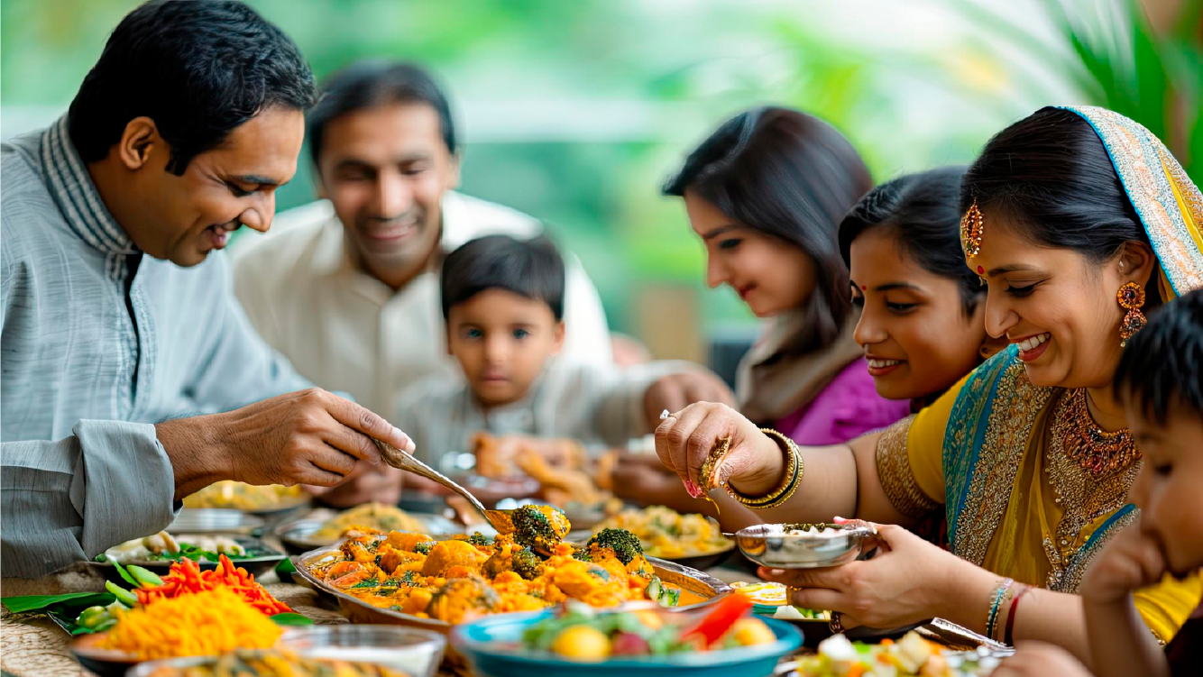 Asian family sharing a traditional meal together, representing community bonds and intergenerational engagement